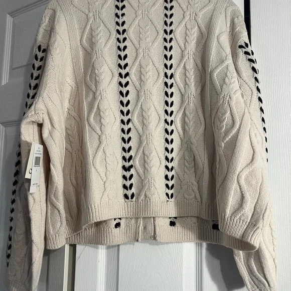 CeCe Women's Cream and Black Cable Knit Cardigan - Picture 10 of 11